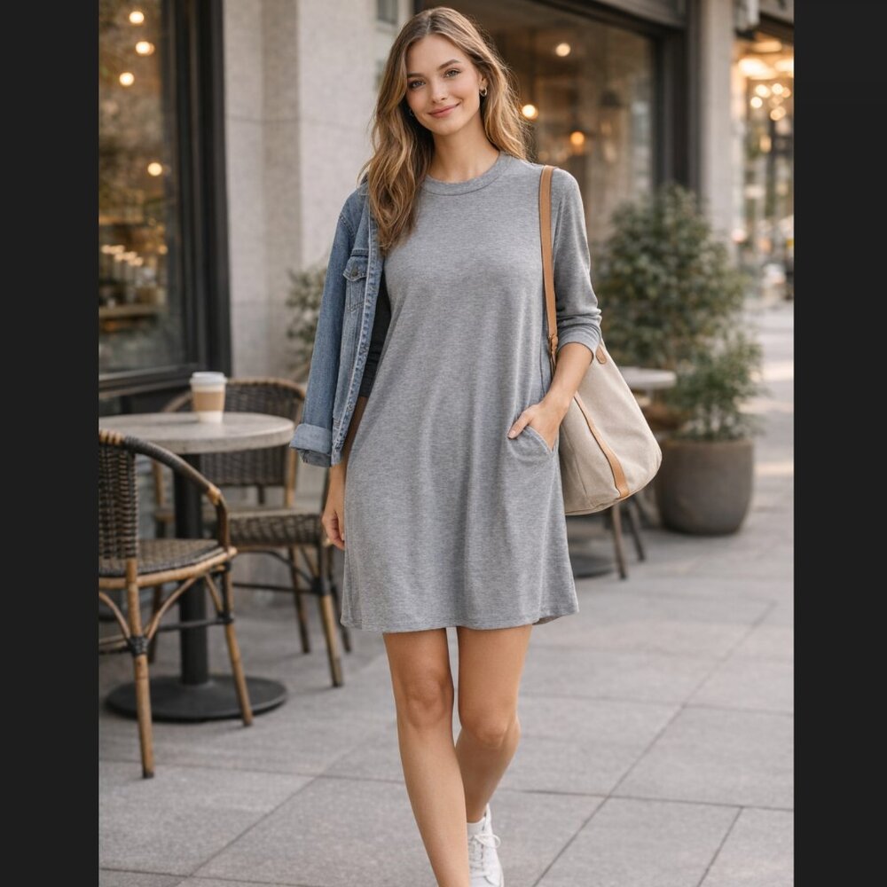 J. Crew Jersey Dress Large Gray Long Sleeve Stretch Pockets Modal Mock Casual